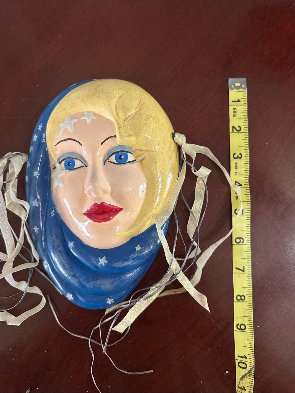 Hand-Painted Vintage ceramic glamor girl mask wall hanging 1980s art